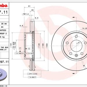 Brembo Brake Rotor, Vented, One Piece Design, Wheel Bolt Pattern 5 X 115 Millimeter – 09N29711C02