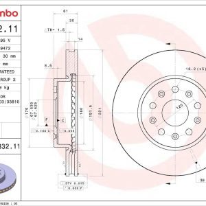 Brembo Brake Rotor, Prime, Vented, One Piece Design, Wheel Bolt Pattern 5 X 120 Millimeter – 09N33211C02