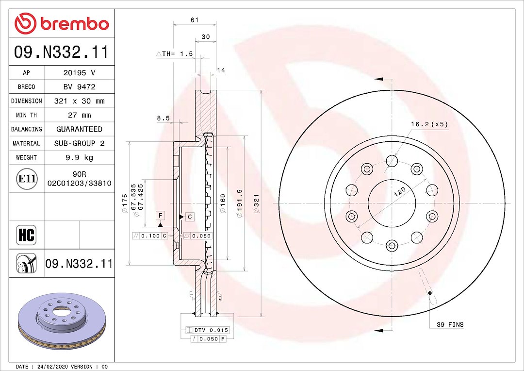 Brembo Brake Rotor, Prime, Vented, One Piece Design, Wheel Bolt Pattern 5 X 120 Millimeter – 09N33211C02