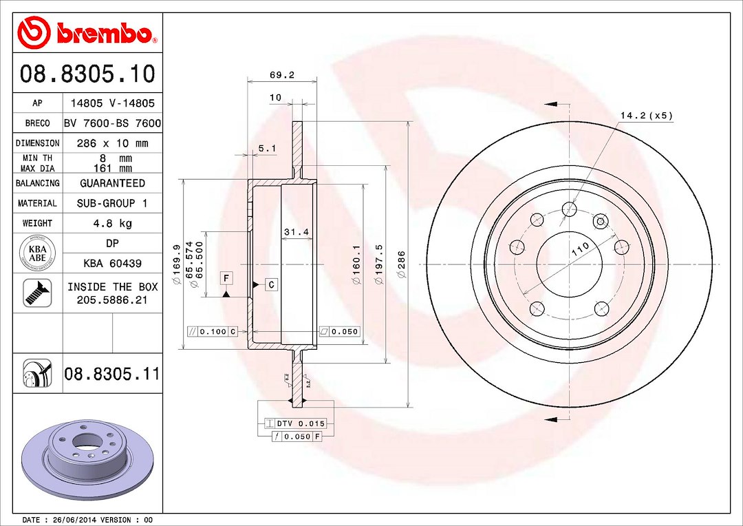 Brembo Brake Rotor, Solid, One Piece Design, Wheel Bolt Pattern 5 X 110 Millimeter – 08830511C02