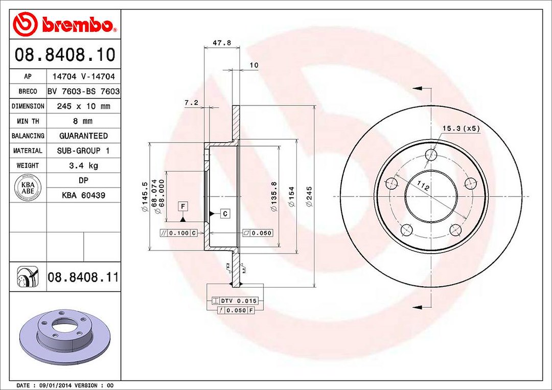 Brembo Brake Rotor, Solid, One Piece Design, Wheel Bolt Pattern 5 X 112 Millimeter – 08840811C02