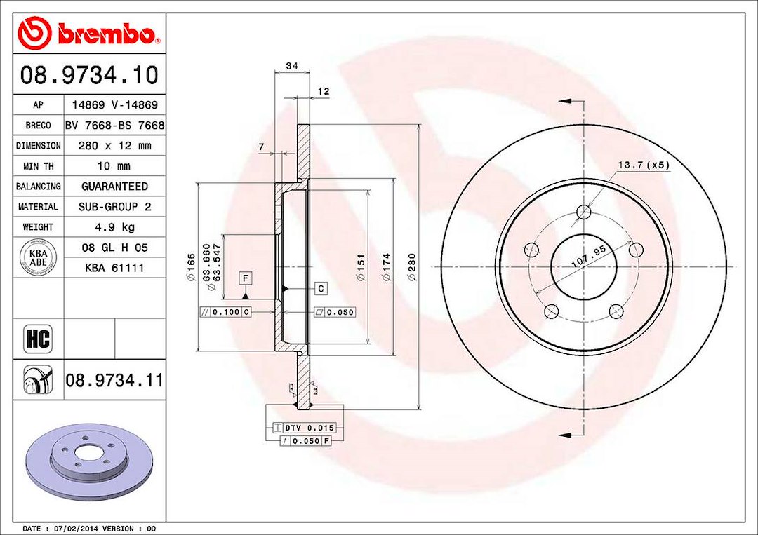 Brembo Brake Rotor, Solid, One Piece Design, Wheel Bolt Pattern 5 X 107.95 Millimeter – 08973411C02