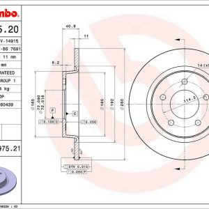 Brembo Brake Rotor, Solid, One Piece Design, Wheel Bolt Pattern 5 X 114.3 Millimeter – 08997521C02