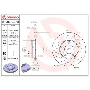 Brembo Brake Rotor, Xtra, Solid Cross Drilled, One Piece Design, Wheel Bolt Pattern 5 X 114.3 Millimeter – 0994642XC02