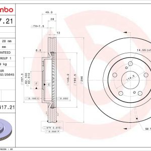 Brembo Brake Rotor, Prime, Vented, One Piece Design, Wheel Bolt Pattern 5 X 114.3 Millimeter – 09A41721C02