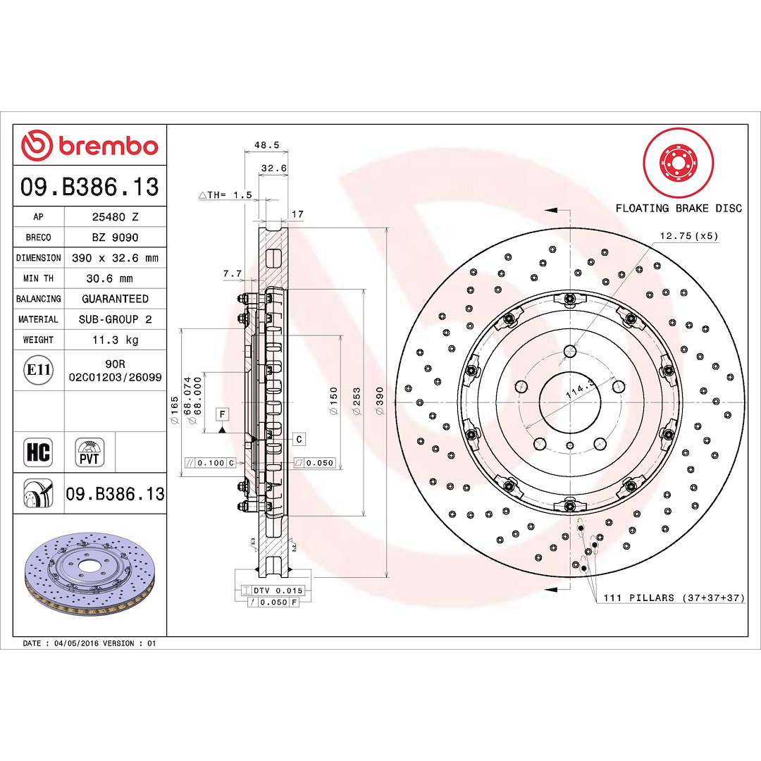 Brembo Brake Kit, Low-Metallic Brake Pads, 390 Millimeter Floating Pvt Drilled Cast Iron Rotor – KT04316