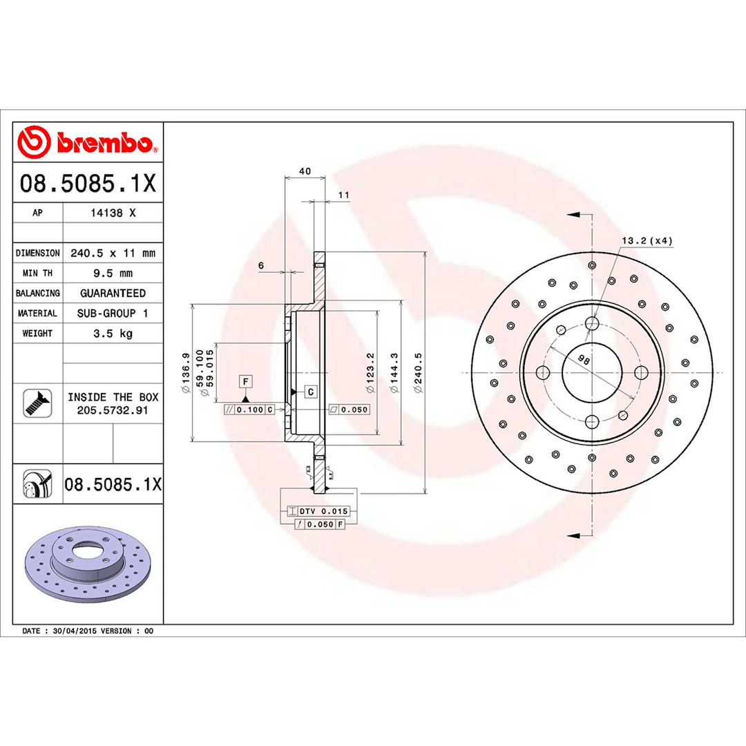 Brembo Brake Kit, Ceramic Brake Pads, 240 Millimeter Xtra Solid Cross Drilled High Carbon Cast Iron One Piece Rotor – KTX0087