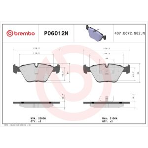 Brembo Brake Pad, Nao, Fmsi Number D394-7284, Ceramic, Set of 4 – P06012N