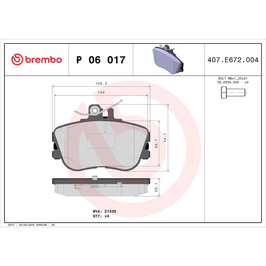 Brembo Brake Pad, Fmsi Number D645-7523, Low-Metallic, Set of 4, With Hardware – P06017