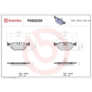 Brembo Brake Pad, Nao, Fmsi Number D692-7286/ D692-7567, Ceramic, Set of 4 – P06025N