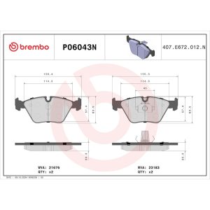 Brembo Brake Pad, Nao, Fmsi Number D946-7592, Ceramic, Set of 4 – P06043N