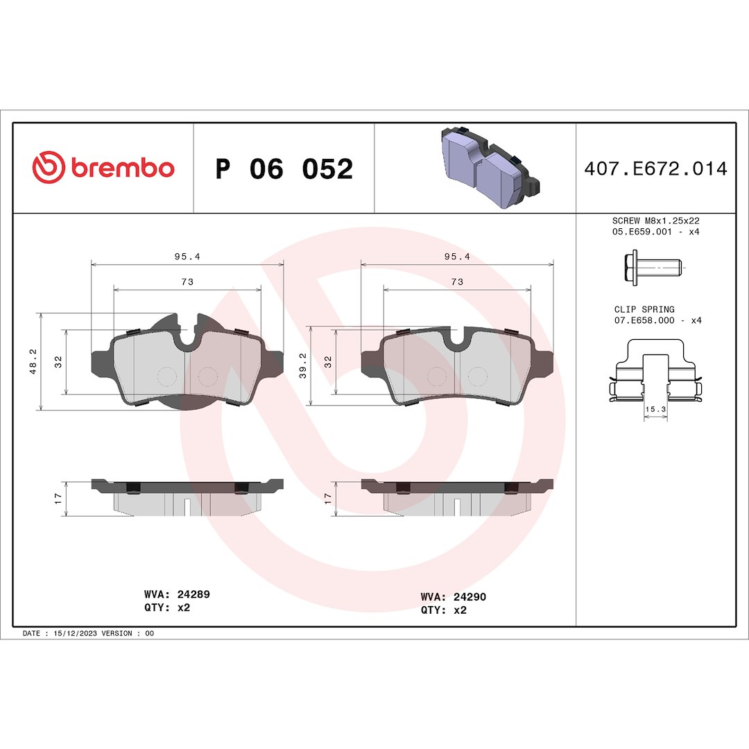 Brembo Brake Pad, Fmsi Number D1309-8424, Low-Metallic, Set of 4, With Hardware – P06052