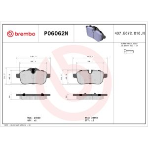 Brembo Brake Pad, Nao, Fmsi Number D1433-8550, Ceramic, Set of 4, With Hardware – P06062N