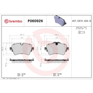 Brembo Brake Pad, Nao, Fmsi Number D1801-9033, Ceramic, Set of 4, With Brake Caliper Screws – P06092N