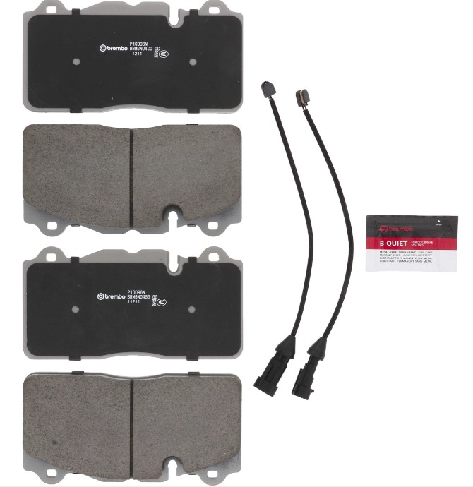 Brembo Brake Pad, Nao, Ceramic, Set of 4, With Brake Lubricant/ Pad Wear Sensor – P10096N