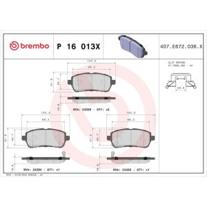 Brembo Brake Pad, Xtra Line, Fmsi Number D1454-8948, Low-Metallic, Set of 4, With Pad Wear Sensor and Mounting Hardware – P16013X