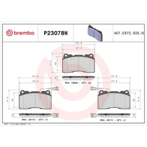 Brembo Brake Pad, Nao, Fmsi Number D1016-7919, Ceramic, Set of 4, With Hardware – P23078N