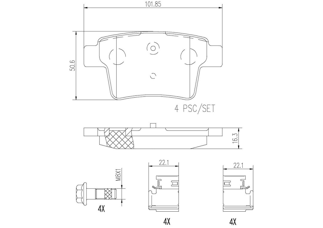 Brembo Brake Pad, Nao, Fmsi Number D1071-7976, Ceramic, Set of 4, With Hardware – P24063N