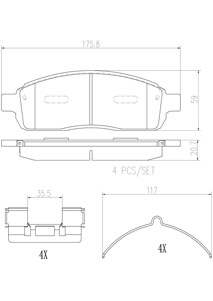 Brembo Brake Pad, Nao, Fmsi Number D1083-7915, Ceramic, Set of 4, With Hardware – P24135N