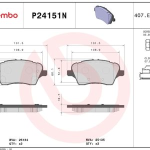 Brembo Brake Pad, Nao, Fmsi Number D1730-8954, Ceramic, Set of 4, With Brake Lubricant/ Mounting Hardware – P24151N