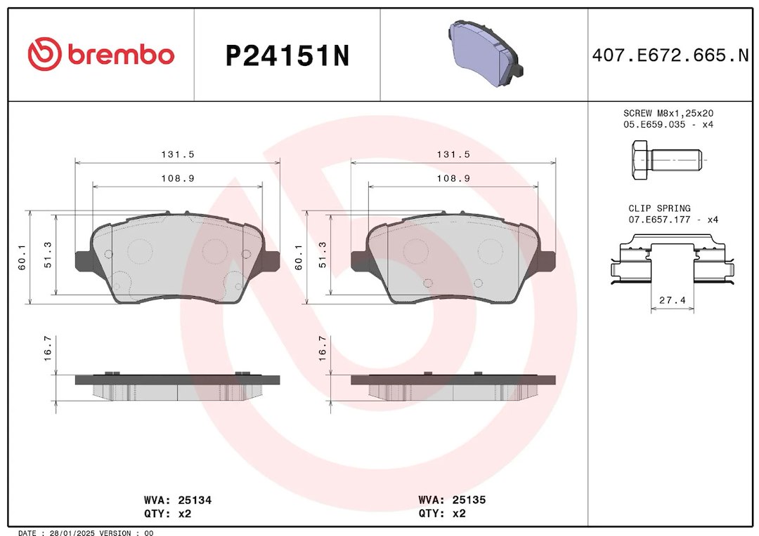 Brembo Brake Pad, Nao, Fmsi Number D1730-8954, Ceramic, Set of 4, With Brake Lubricant/ Mounting Hardware – P24151N