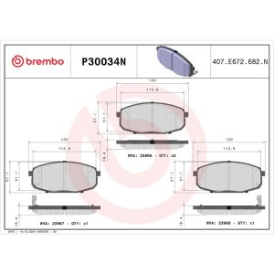 Brembo Brake Pad, Nao, Fmsi Number D1397-8505, Ceramic, Set of 4, With Brake Lubricant/ Pad Wear Sensor – P30034N
