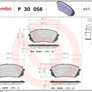 Brembo Brake Pad, Prime Line, Fmsi Number D1295-8614, Low-Metallic, Set of 4, With Mounting Hardware – P30056
