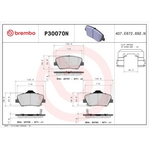 Brembo Brake Pad, Nao, Fmsi Number D1432-8549, Ceramic, Set of 4, With Hardware – P30070N