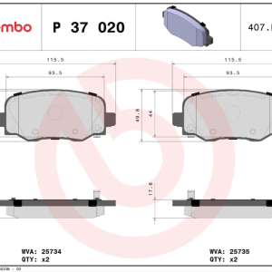 Brembo Brake Pad, Prime Line, Fmsi Number D1734- 8958, Low-Metallic, Set of 4, With Mounting Hardware and Pad Wear Sensor – P37020