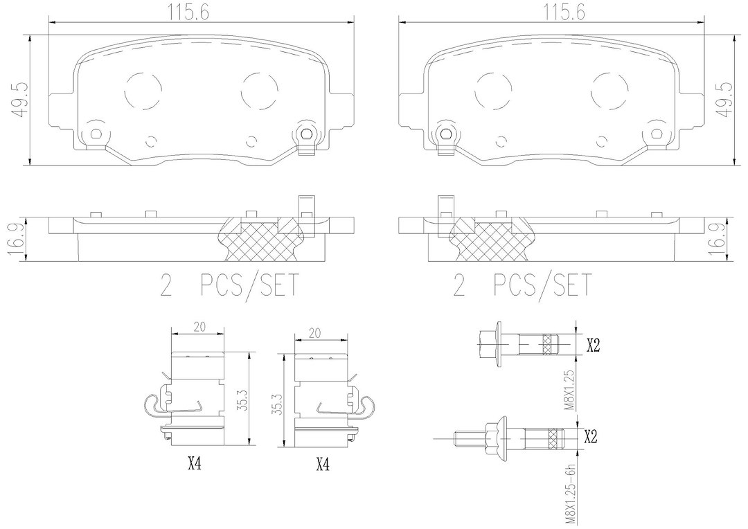 Brembo Brake Pad, Nao, Fmsi Number D1734-8958, Ceramic, Set of 4, With Hardware – P37020N