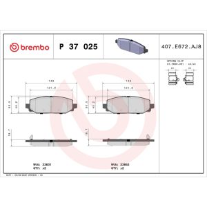 Brembo Brake Pad, Prime Line, Fmsi Number D2186-9430, Low-Metallic, Set of 4, With Mounting Hardware – P37025