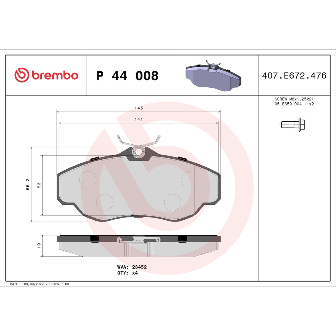Brembo Brake Pad, Fmsi Number D676-7556, Low-Metallic, Set of 4, With Hardware – P44008