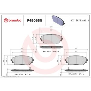 Brembo Brake Pad, Nao, Fmsi Number D2218-9458, Ceramic, Set of 4, With Brake Lubricant/ Pad Wear Sensor – P49065N