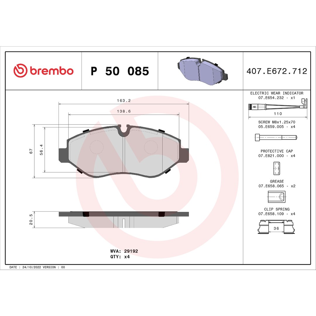 Brembo Brake Pad, Fmsi Number D1316-8430, Low-Metallic, Set of 4, With Hardware – P50085