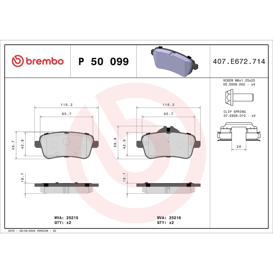 Brembo Brake Pad, Fmsi Number D1630-8848, Low-Metallic, Set of 4, With Hardware – P50099