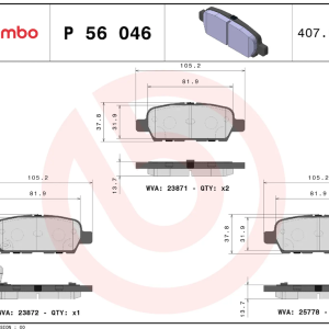 Brembo Brake Pad, Prime Line, Fmsi Number D1288-8405/ D1393-8501/ D1626-8842/ D905-7784, Low-Metallic, Set of 4 – P56046