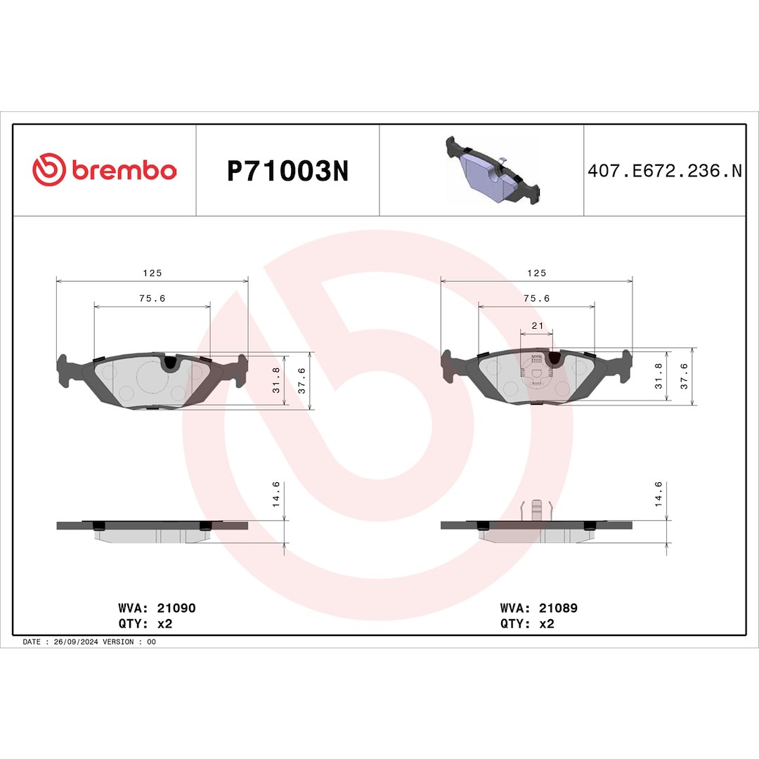 Brembo Brake Pad, Nao, Fmsi Number D322-7221, Ceramic, Set of 4 – P71003N