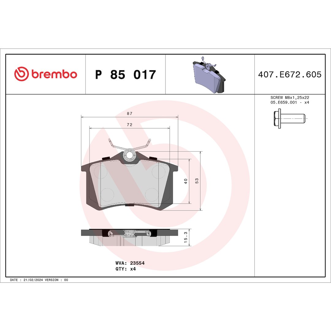 Brembo Brake Pad, Fmsi Number D1112-8216, Low-Metallic, Set of 4, With Hardware – P85017