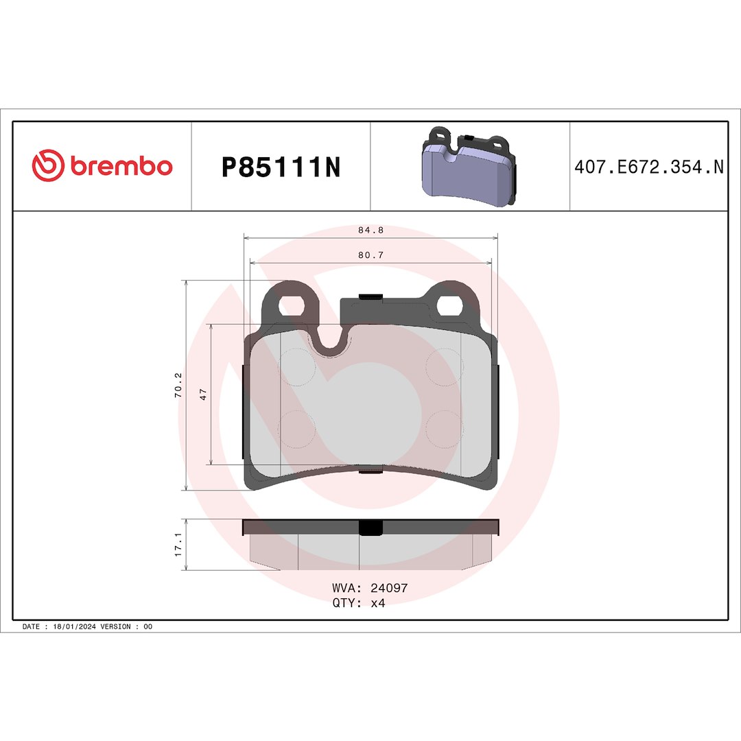 Brembo Brake Pad, Nao, Fmsi Number D1277-8393, Ceramic, Set of 4 – P85111N