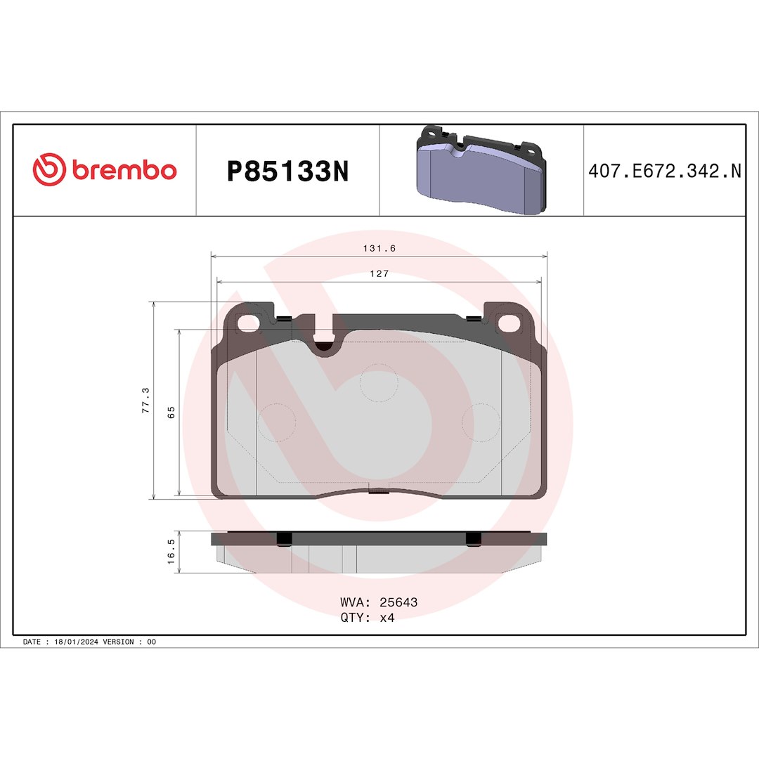 Brembo Brake Pad, Nao, Fmsi Number D1663-8891, Ceramic, Set of 4 – P85133N