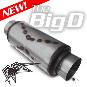 Black Widow Exhaust Muffler, The Big D, 14-3/4 Inch Length X 7-1/2 Inch Height, Round, Stainless Steel Case, Single 5 Inch Center Inlet – BWBIGD-5