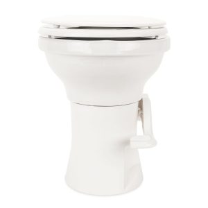 Camco Toilet, High Profile, Round Seat with 18 Inch Seat Height, Slow Close Wood Seat and Lid, Pedal Flush Control, Full Bowl Flush – 41710