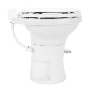 Camco Toilet, High Profile, Round Seat with 18 Inch Seat Height, Slow Close Wood Seat and Lid, Pedal Flush Control, Full Bowl Flush – 41710