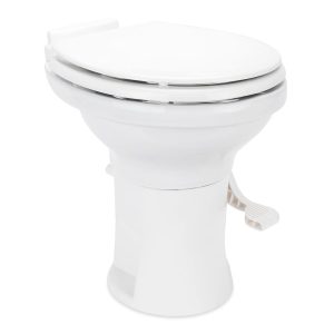 Camco Toilet, High Profile, Round Seat with 18 Inch Seat Height, Slow Close Wood Seat and Lid, Pedal Flush Control, Full Bowl Flush – 41710