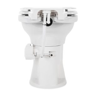 Camco Toilet, High Profile, Round Seat with 18 Inch Seat Height, Slow Close Wood Seat and Lid, Pedal Flush Control, Full Bowl Flush – 41710