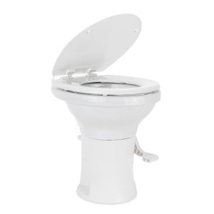 Camco Toilet, High Profile, Round Seat with 18 Inch Seat Height, Slow Close Wood Seat and Lid, Pedal Flush Control, Full Bowl Flush – 41710
