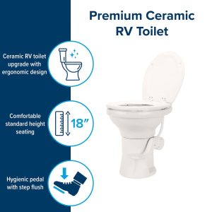 Camco Toilet, High Profile, Round Seat with 18 Inch Seat Height, Slow Close Wood Seat and Lid, Pedal Flush Control, Full Bowl Flush – 41715