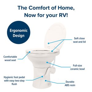 Camco Toilet, High Profile, Round Seat with 18 Inch Seat Height, Slow Close Wood Seat and Lid, Pedal Flush Control, Full Bowl Flush – 41715