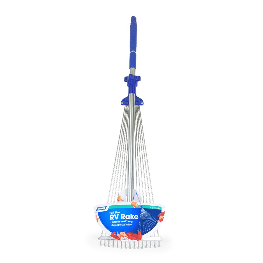 Camco Rake, 60 Inch Length Handle X 22 Inch Width Rake Head, Collapsible to 29 Inch Length Handle X 8 Inch Width Rake Head, Metal Rake Head – 42171