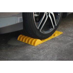 Camco Parking Stop, Accupark, Floor Mount Mat, Yellow, ABS Plastic, Mounts with Adhesive Strips, 2 Bumps for Increased Parking Accuracy – 42891